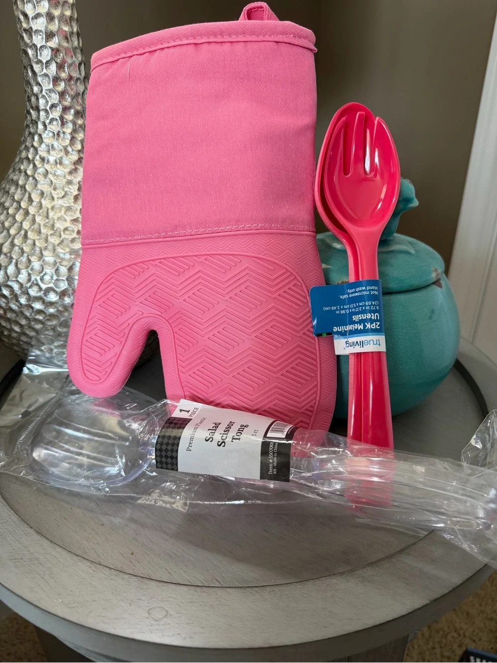 Pink Silicone Oven Mitt, Serving Spoon Set, and Salad Tongs - 3 Piece Bundle.